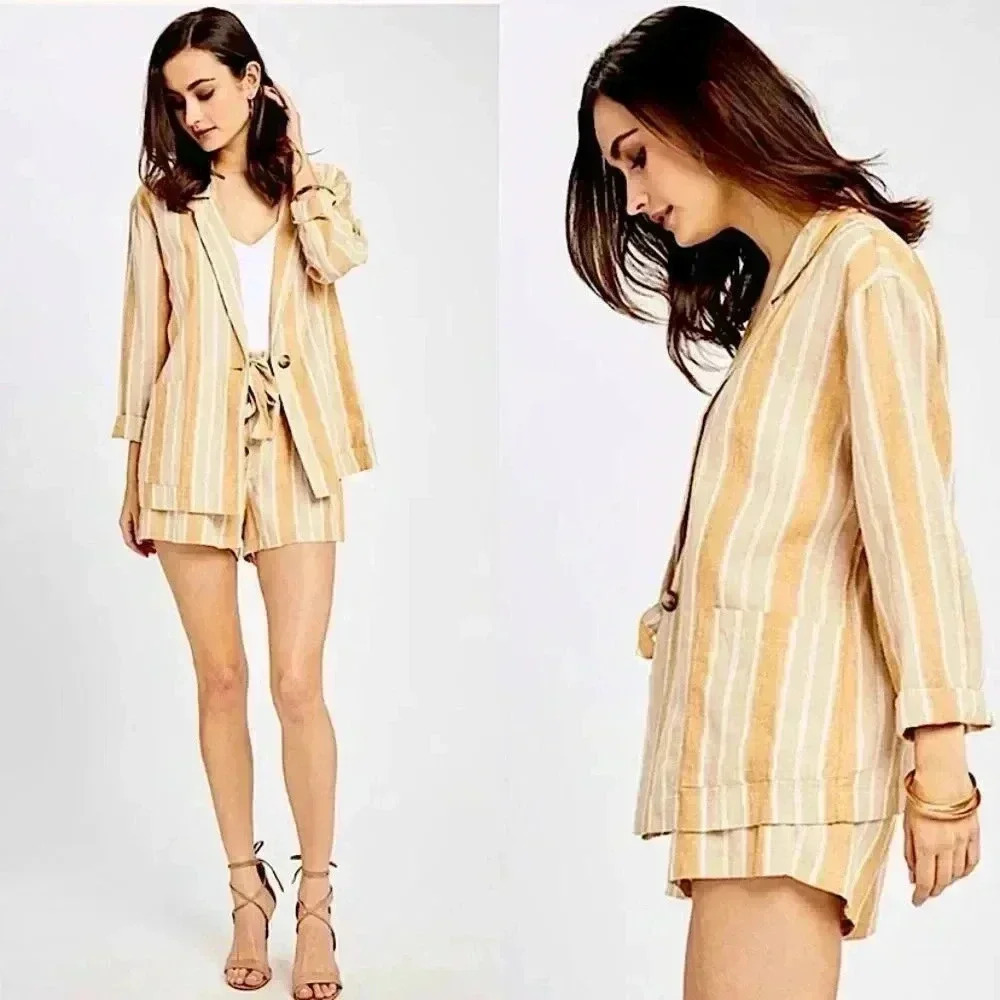 Gentle Fawn New Isla Linen Blazer Size XL Striped Tan Neutral